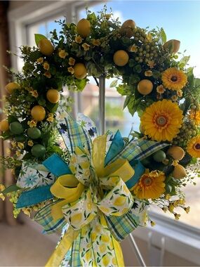 Yellow Lemon Spring Wreath with Bow - Home Holiday